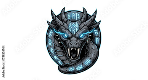 A digital illustration of a dragon head mascot with glowing blue eyes and sharp teeth on a white background with a circular design.