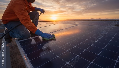 A maintenance worker in an orange shirt carefully cleans a photovoltaic solar panel during a golden sunset.