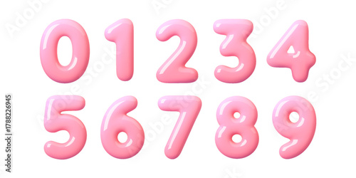 3D pink balloon numbers with glossy texture and soft reflections. Cute inflatable font in Y2K style. Realistic plastic digits set for fun design, decoration, celebration, and modern typography 