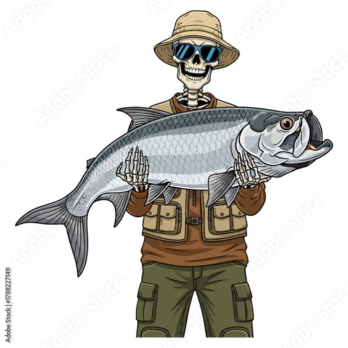 Skeleton fisherman proudly holding a huge tarpon fish, wearing a bucket hat and blue shades
