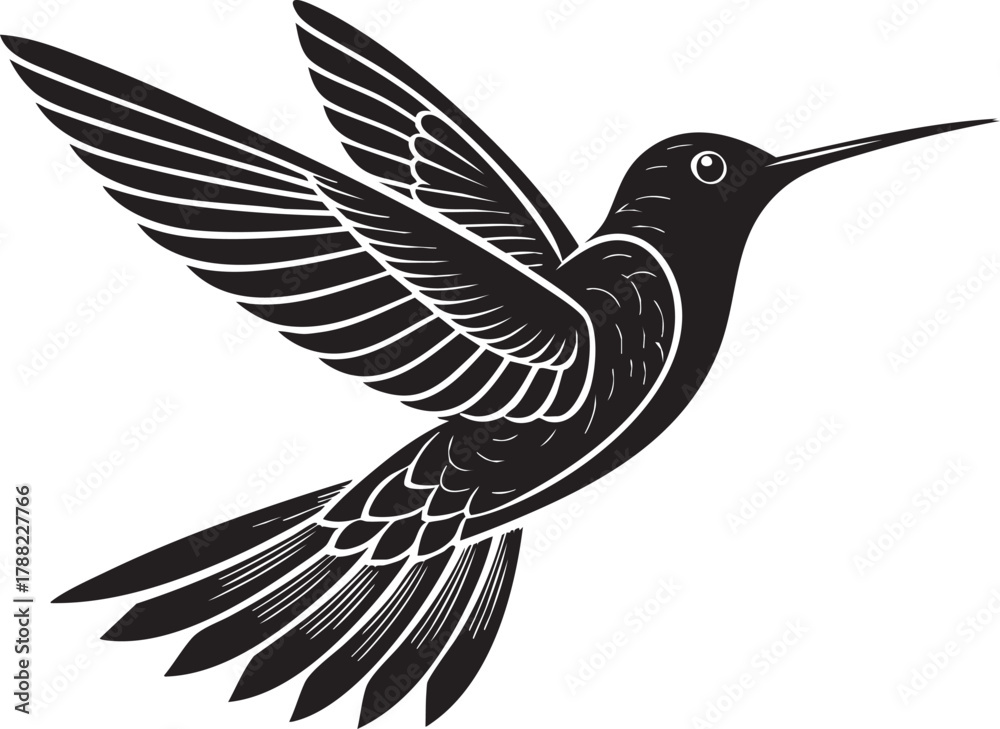 Obraz premium Elegant Black Vector Hummingbird Minimal Silhouette in Flight 