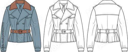 Women's double-breasted jacket sketch, fashion illustration, technical drawing, belt detail, lapel design, garment construction, apparel template, cuffed sleeves