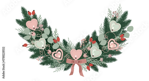 A festive winter garland with evergreen branches, decorated with pastel heart candles, red berries, and a pink bow, ideal for holiday season designs.