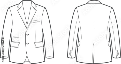 Classic men’s blazer jacket front and back technical flat sketch, formal fashion clothing vector design, stylish tailored suit illustrationClassic men’s blazer 