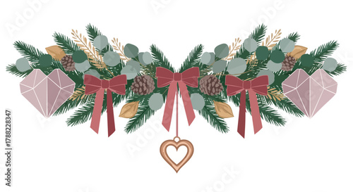 An elegant festive garland featuring evergreen branches, red bows, pinecones, and delicate ornaments, perfect for holiday season designs.