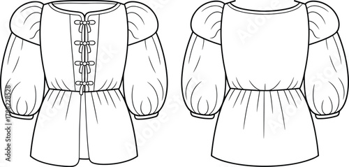 Fashion flat drawing of women puff sleeve blouse with front tie detail, stylish vector clothing sketch, elegant apparel illustration