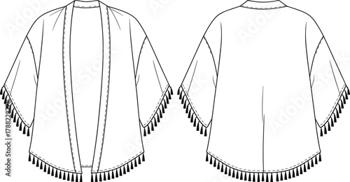 Fashion kimono cardigan flat sketch with tassel trim, technical drawing garment outline, clothing design template for apparel designers, vector illustration