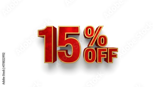 Red and gold 3D rendered text displaying a 15 percent off discount offer on a white background.