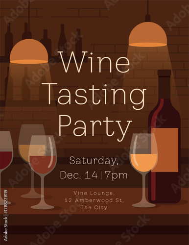 Wine tasting event poster with bottle and glasses in cozy bar interior,Elegant vector poster design with wine bottle and glasses in warm bar lighting. Perfect for wine events, party invitations