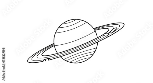 Line art rendering of a ringed gas giant on a white background creating an educational illustration