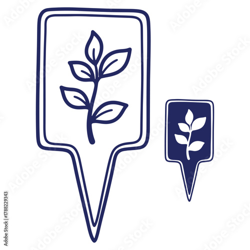 Botanical Map Markers with Leaf Sprigs in Navy Blue Perfect for Green Location and Sustainable Projects