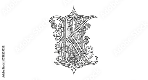 Ornamental initial letter K with thistle and rose elements in gothic style isolated