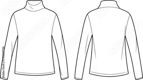 Long sleeve turtleneck top technical fashion flat sketch front and back view, minimalist clothing design template for apparel designers