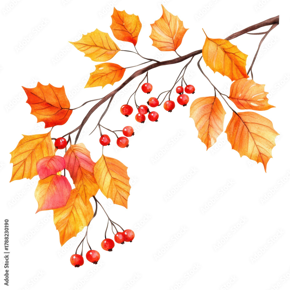 Fototapeta premium Autumn Branch Watercolor: A vibrant watercolor illustration showcases an autumn branch, adorned with fiery orange and red leaves and complemented by clusters of bright berries.