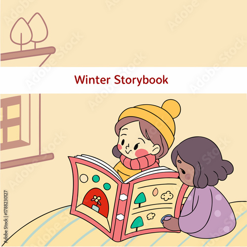 Two children reading a winter storybook together indoors