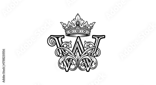 Intricate vintage monogram of letter W adorned with a regal crown on white