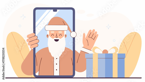 Santa claus waving from a smartphone screen with a gift box beside the device in a festive scene