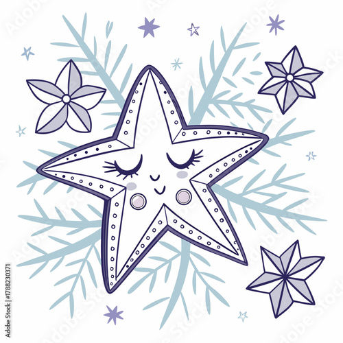 Cute star character with closed eyes and winter branches