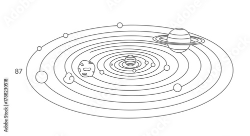 Minimalistic depiction of the solar system highlighting planetary orbits and celestial bodies