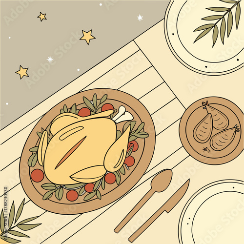 Festive holiday meal with roasted chicken and side dishes