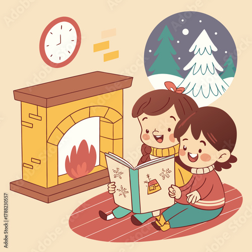 Children reading a book by the fireplace on a snowy evening