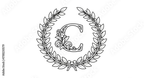 Elegant letter C encircled by a graceful wreath offering a touch of sophistication and natural charm