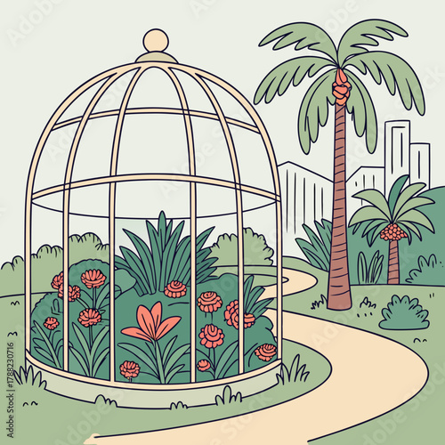 A greenhouse filled with flowers and palm trees in a park