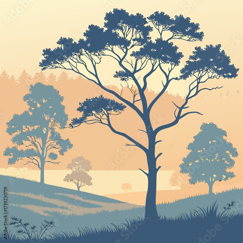 Serene silhouette landscape of trees and rolling hills