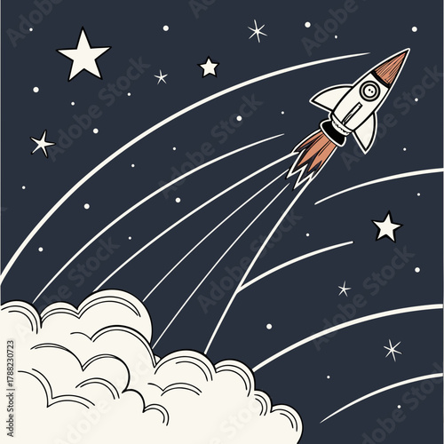 Retro rocket launching through starry night sky