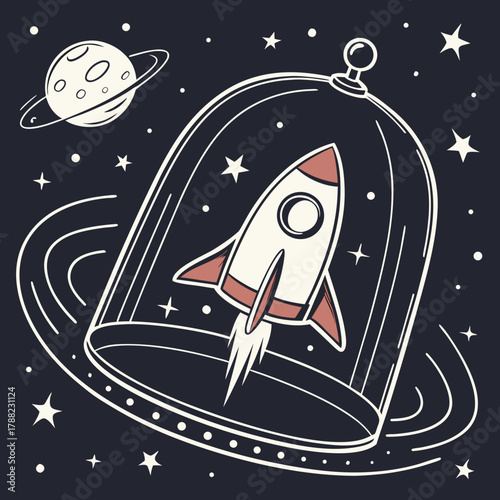 Retro rocket launch contained within a glass dome in outer space
