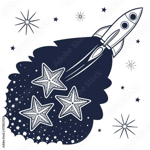 Rocket ship blasting through space with starfish and stars