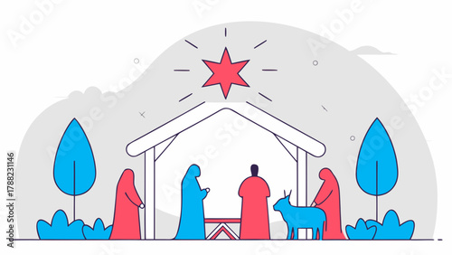 Illustration of a nativity scene with mary joseph and baby jesus under a star in a stable setting