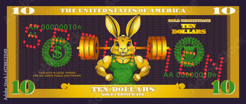 Vector obverse of cartoon US banknote. Gold certificate, denominated in 10 american dollars. Toon powerful, muscular hare and barbell. Game golden money. Ten. Rabbit and bodybuilding