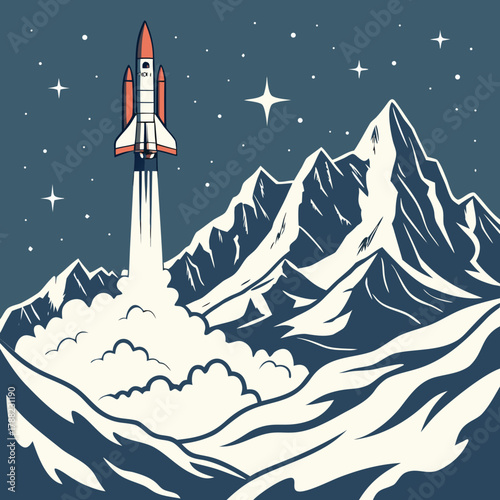 Rocket launching over snowy mountains under a starry sky