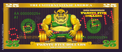 Vector obverse of cartoon US banknote. Gold certificate, denominated in 25 american dollars. Toon powerful, muscular goblin and barbell. Game golden money. Twenty five. Ugly and bodybuilding