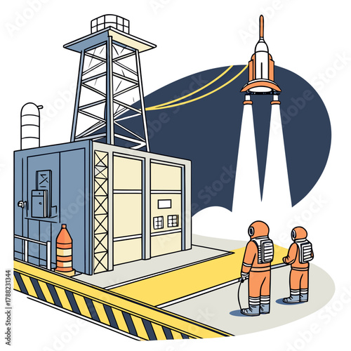 Rocket launch from space center with astronauts watching