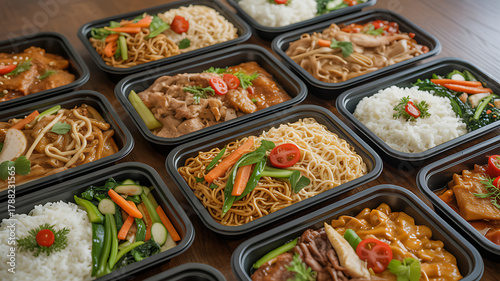 Meal prep containers with diverse asian dishes