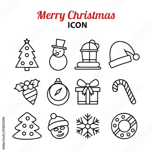 Christmas holiday vector outline icons: tree, santa, snowman, gift.