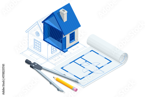 An isometric illustration of a modern detached house with blueprints, measuring tools, and a laptop, symbolizing architectural design, real estate, and home construction project