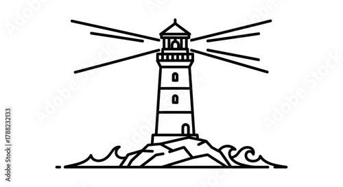 Minimalist lighthouse illustration emitting guiding light towards the horizon over ocean waves