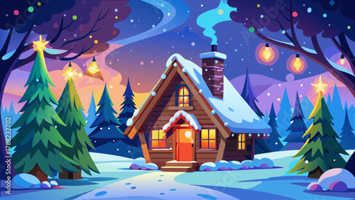 Cozy wooden cabin nestled in a snowy forest, decorated with multicolored twinkling lights, chimney smoke rising softly into the cold night air. A peaceful, heartwarming winter holiday atmosphere