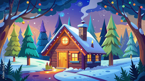 Cozy wooden cabin nestled in a snowy forest, decorated with multicolored twinkling lights, chimney smoke rising softly into the cold night air. A peaceful, heartwarming winter holiday atmosphere