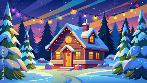 Charming snow-covered cottage glowing warmly with colorful holiday lights, surrounded by snowy pine trees under a starlit sky. A tranquil winter night scene radiating warmth, joy, and holiday magic