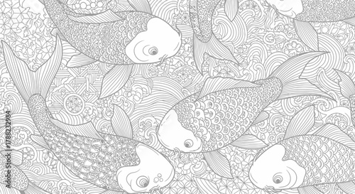 Intricate koi fish pattern with stylized water and geometric backgrounds in monochrome line art
