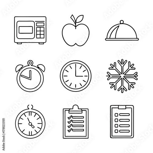 Outline icons for food, time, weather, and business concepts