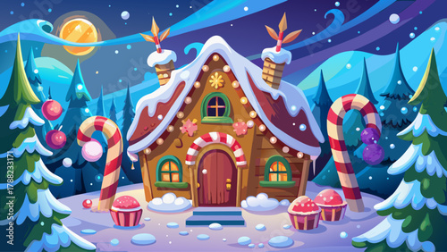 Whimsical gingerbread-style winter cottage covered in snow, adorned with candy canes, gumdrops, and glowing fairy lights. High-resolution magical scene surrounded by frosty pine trees and gentle 