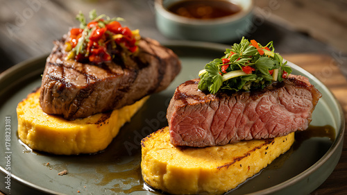 Steak and polenta with garnish