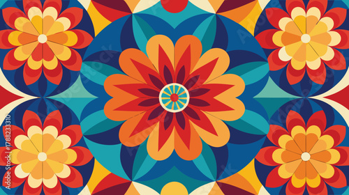 Vibrant retro floral pattern with colorful geometric abstract shapes
