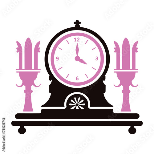 Stylized pink and dark brown vintage mantel clock illustration vector