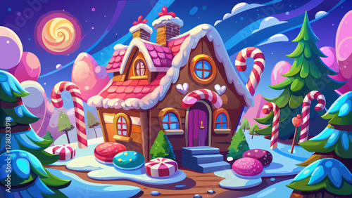 Charming candy-decorated cottage surrounded by a snowy wonderland, featuring lollipop trees, peppermint fences, and icing-covered roofs. A high-resolution festive fantasy scene glowing with warmth